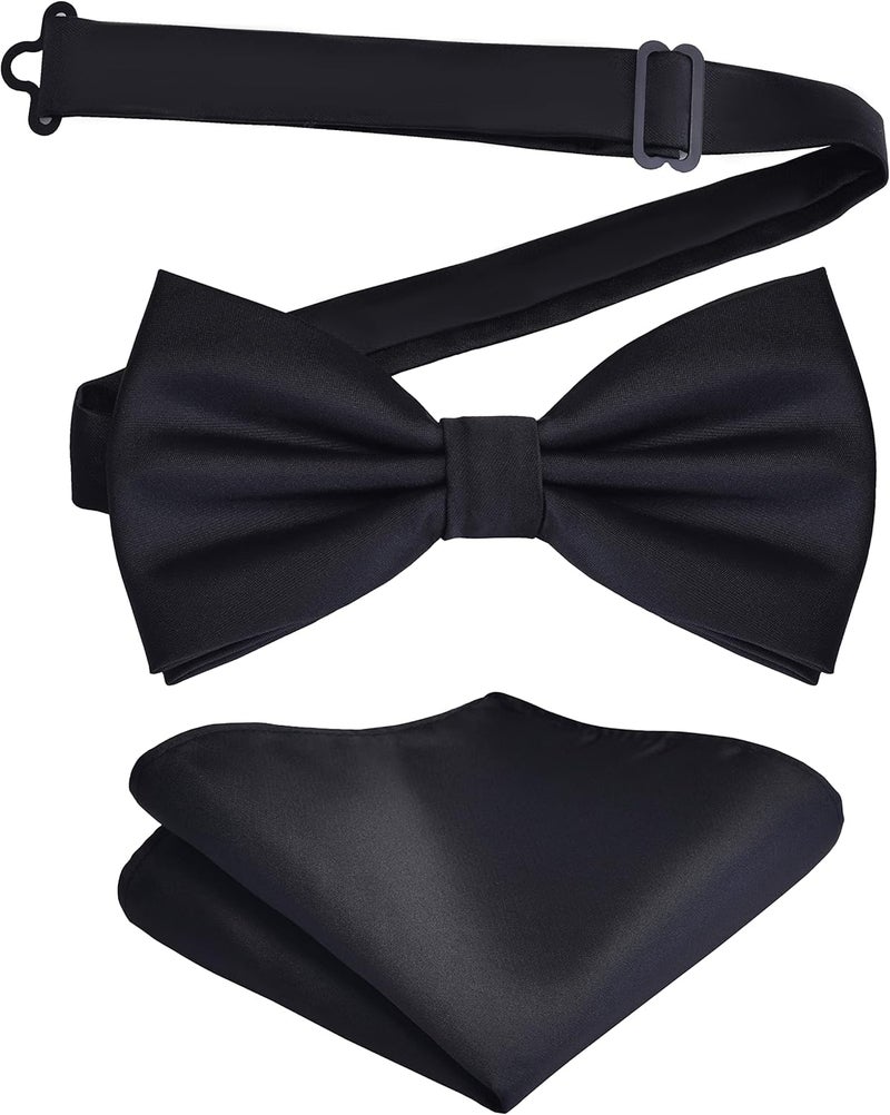 Branduce Mens Solid Color Double Fold Pre-tied Bow Tie and Pocket Square Set - Image 1